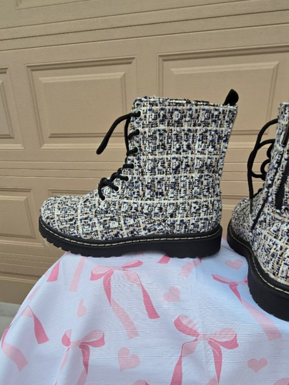 Torrid Black and Cream Tweed Combat Boots NWT - On Boot